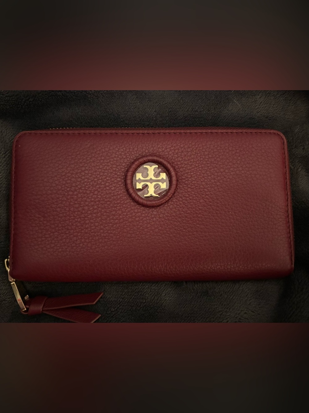 Tory Burch Burgundy Leather Wallet with Gold Logo